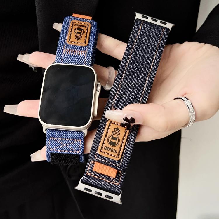 For Apple Watch 46mm / 49mm / 45mm / 44mm Denim Nylon Hook and Loop Fastener Canvas Watch Band(Black)