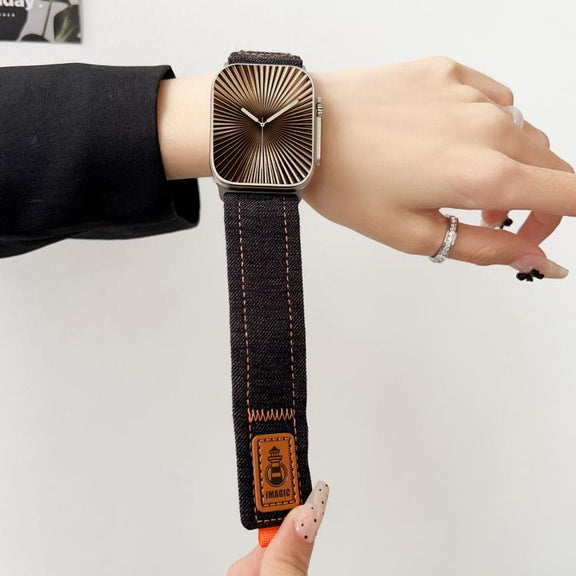 For Apple Watch 46mm / 49mm / 45mm / 44mm Denim Nylon Hook and Loop Fastener Canvas Watch Band(Black)