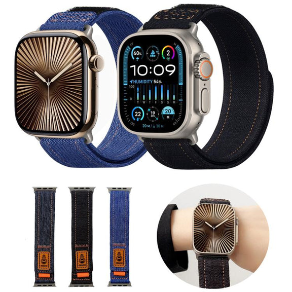 For Apple Watch 46mm / 49mm / 45mm / 44mm Denim Nylon Hook and Loop Fastener Canvas Watch Band(Black)