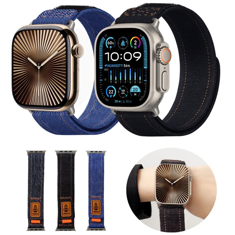 For Apple Watch 46mm / 49mm / 45mm / 44mm Denim Nylon Hook and Loop Fastener Canvas Watch Band(Black)