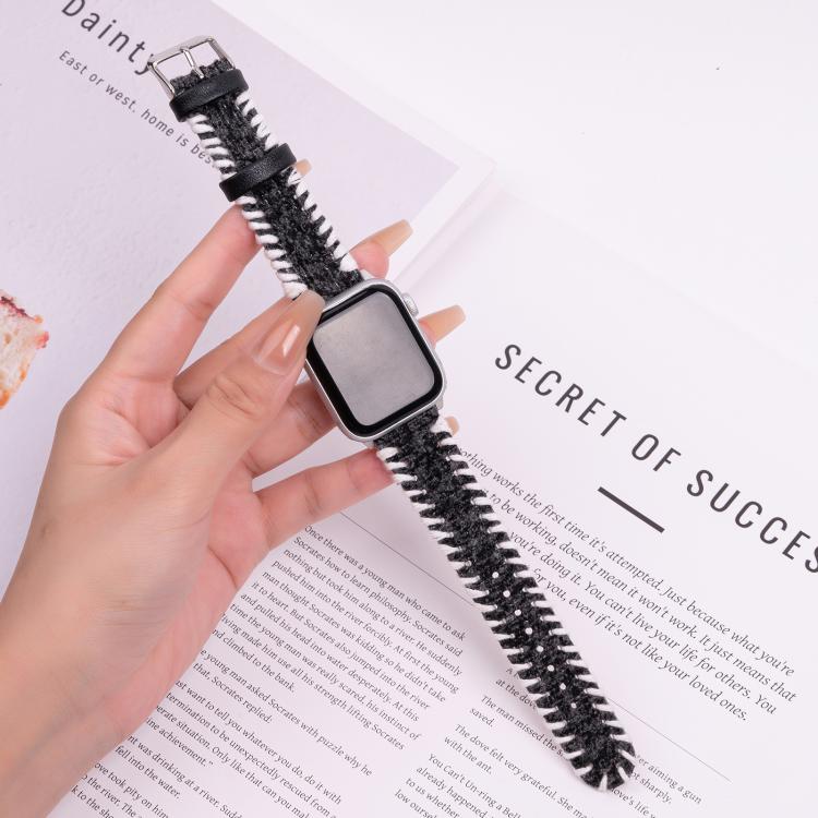 For Apple Watch 46mm / 49mm / 45mm / 44mm Retro Stitched Wool Genuine Leather Watch Band(Black)