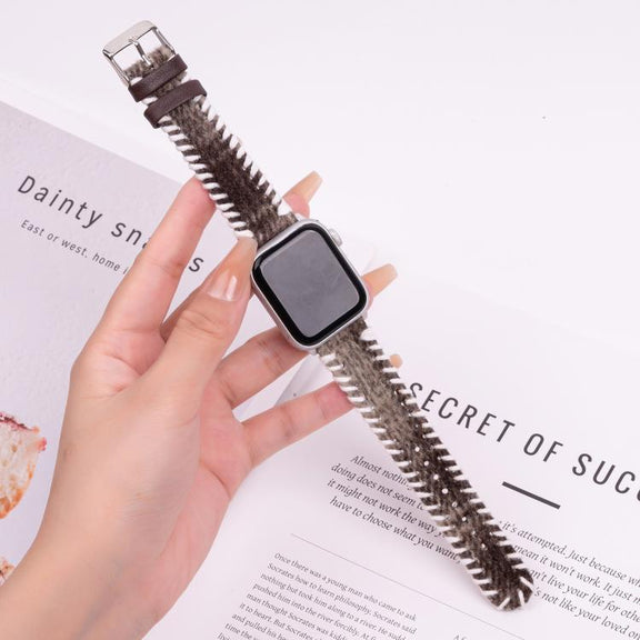 For Apple Watch 46mm / 49mm / 45mm / 44mm Retro Stitched Wool Genuine Leather Watch Band(Coffee)