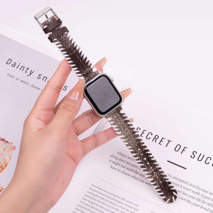 For Apple Watch 46mm / 49mm / 45mm / 44mm Retro Stitched Wool Genuine Leather Watch Band(Coffee)