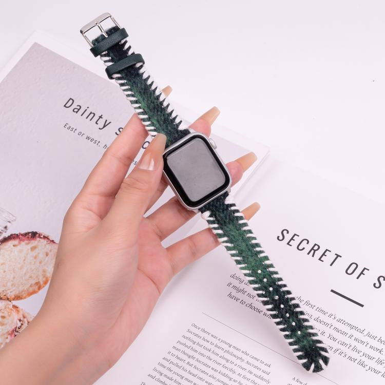 For Apple Watch 46mm / 49mm / 45mm / 44mm Retro Stitched Wool Genuine Leather Watch Band(Green)