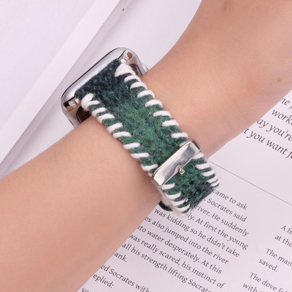 For Apple Watch 46mm / 49mm / 45mm / 44mm Retro Stitched Wool Genuine Leather Watch Band(Green)