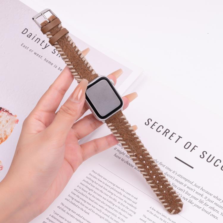For Apple Watch 46mm / 49mm / 45mm / 44mm Retro Stitched Wool Genuine Leather Watch Band(Beige Brown)