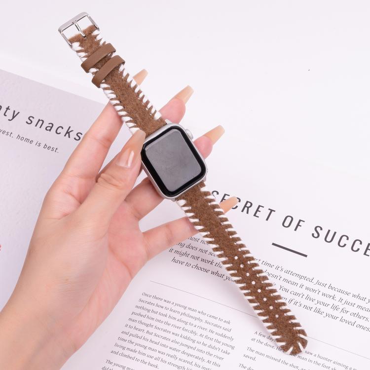 For Apple Watch 42mm / 41mm / 40mm / 38mm Retro Stitched Wool Genuine Leather Watch Band(White Brown)