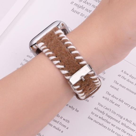 For Apple Watch 42mm / 41mm / 40mm / 38mm Retro Stitched Wool Genuine Leather Watch Band(White Brown)