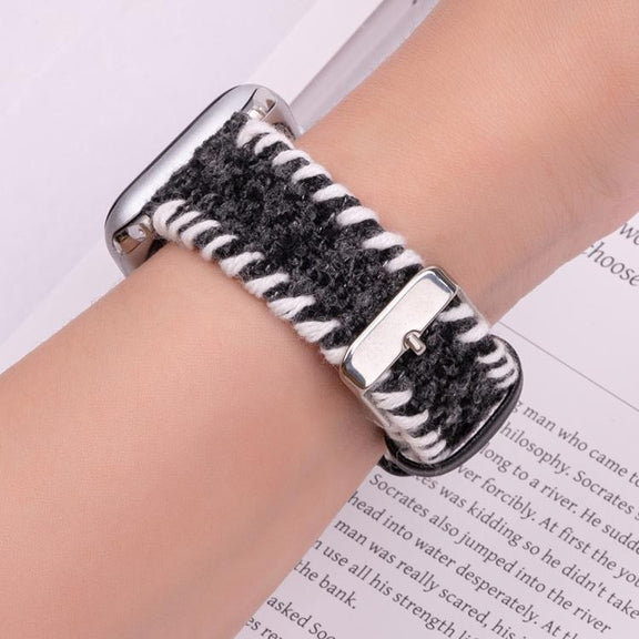 For Apple Watch 42mm / 41mm / 40mm / 38mm Retro Stitched Wool Genuine Leather Watch Band(Black)