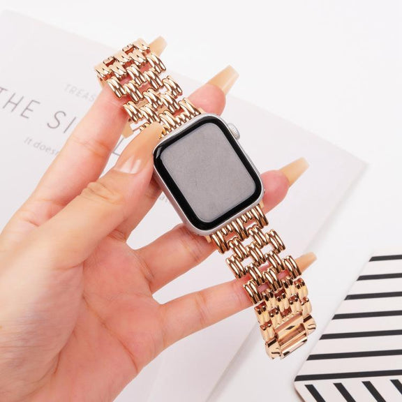 For Apple Watch 46mm / 49mm / 45mm / 44mm Five-bead Stripe Stainless Steel Watch Band(Rose Gold)