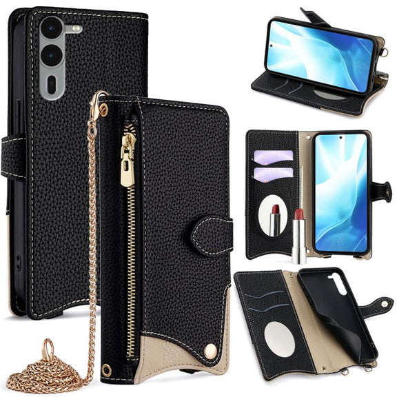 For  Fujitsu Arrows We2 Plus F-51E Crossbody Chain Fishtail Litchi Leather Phone Case(Black)