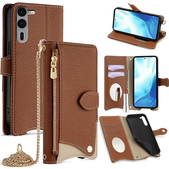 For  Fujitsu Arrows We2 Plus F-51E Crossbody Chain Fishtail Litchi Leather Phone Case(Brown)