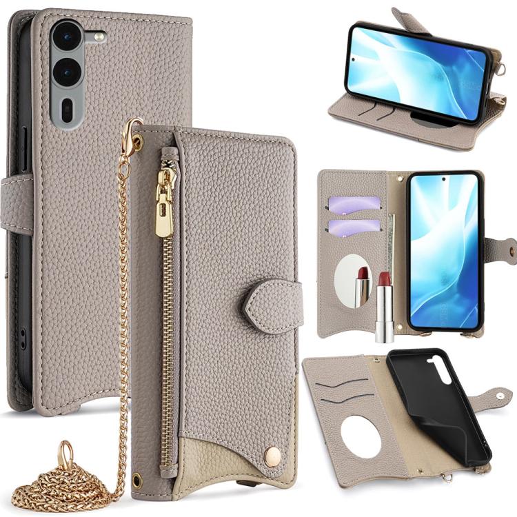 For  Fujitsu Arrows We2 Plus F-51E Crossbody Chain Fishtail Litchi Leather Phone Case(Grey) - More Brand by PMC TechLife | Online Shopping South Africa | PMC TechLife | Buy Now Pay Later Mobicred