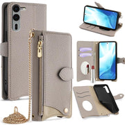 For  Fujitsu Arrows We2 Plus F-51E Crossbody Chain Fishtail Litchi Leather Phone Case(Grey)