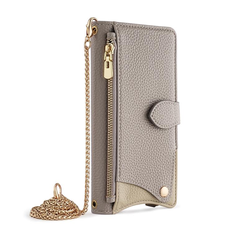 For  Fujitsu Arrows We2 Plus F-51E Crossbody Chain Fishtail Litchi Leather Phone Case(Grey)