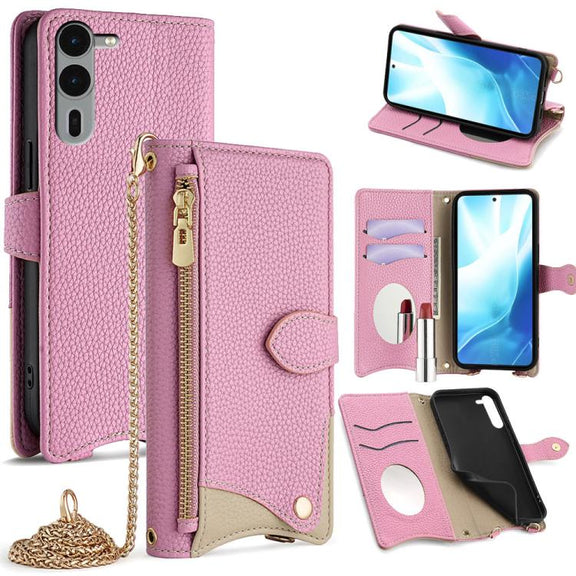 For  Fujitsu Arrows We2 Plus F-51E Crossbody Chain Fishtail Litchi Leather Phone Case(Pink)