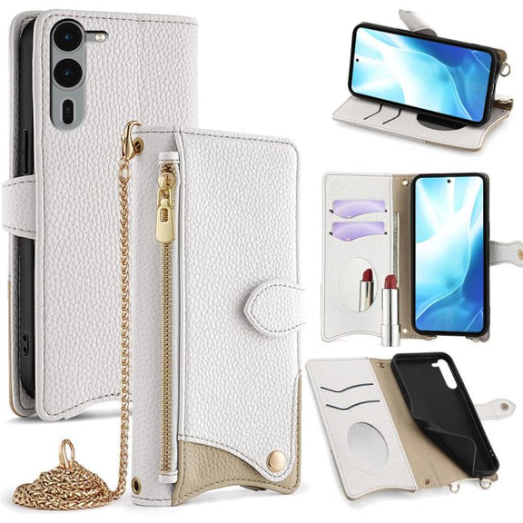 For  Fujitsu Arrows We2 Plus F-51E Crossbody Chain Fishtail Litchi Leather Phone Case(White)