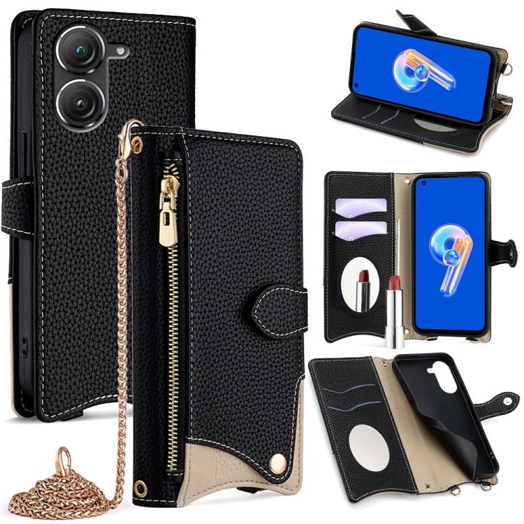 For Asus Zenfone 9 / Zenfone 10 Crossbody Chain Fishtail Litchi Leather Phone Case(Black) - ASUS Cases by PMC TechLife | Online Shopping South Africa | PMC TechLife | Buy Now Pay Later Mobicred