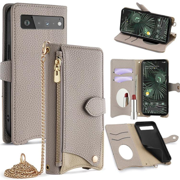 For Google Pixel 6 Pro Crossbody Chain Fishtail Litchi Leather Phone Case(Grey)