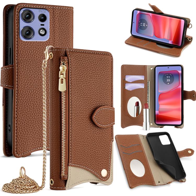 For Motorola Edge 50 Pro Crossbody Chain Fishtail Litchi Leather Phone Case(Brown) - Motorola Cases by PMC TechLife | Online Shopping South Africa | PMC TechLife | Buy Now Pay Later Mobicred