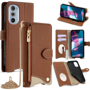 For Motorola Edge+ 2022 / Edge 30 Pro Crossbody Chain Fishtail Litchi Leather Phone Case(Brown)