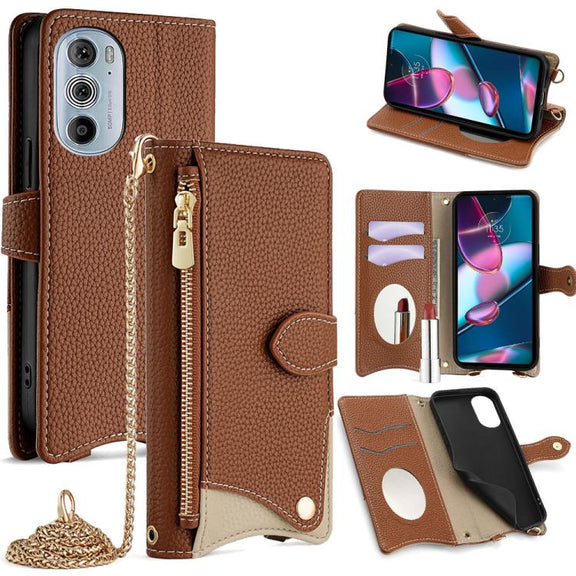 For Motorola Edge+ 2022 / Edge 30 Pro Crossbody Chain Fishtail Litchi Leather Phone Case(Brown)