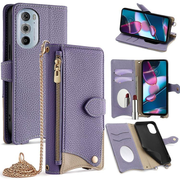 For Motorola Edge+ 2022 / Edge 30 Pro Crossbody Chain Fishtail Litchi Leather Phone Case(Purple)