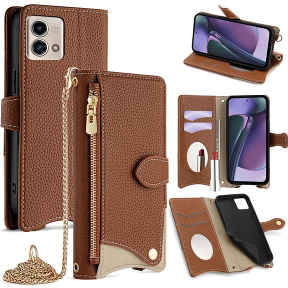 For Motorola Moto G Stylus 5G 2023 Crossbody Chain Fishtail Litchi Leather Phone Case(Brown)