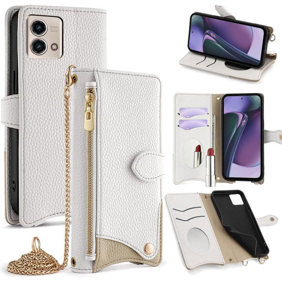 For Motorola Moto G Stylus 5G 2023 Crossbody Chain Fishtail Litchi Leather Phone Case(White)
