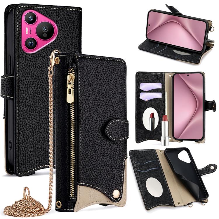 For Huawei Pura 70 Crossbody Chain Fishtail Litchi Leather Phone Case(Black) - Huawei Cases by PMC TechLife | Online Shopping South Africa | PMC TechLife | Buy Now Pay Later Mobicred