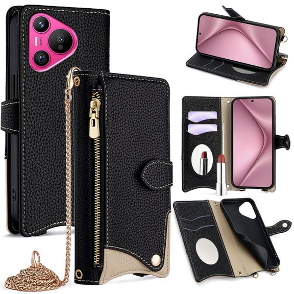For Huawei Pura 70 Crossbody Chain Fishtail Litchi Leather Phone Case(Black)