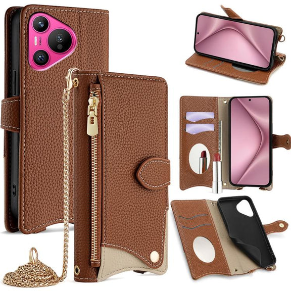 For Huawei Pura 70 Crossbody Chain Fishtail Litchi Leather Phone Case(Brown)