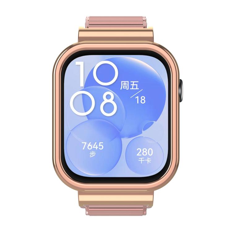 For Huawei Watch Fit3 Hollow Chain Metal Frame Watch Band(Rose Gold+Rose Pink)