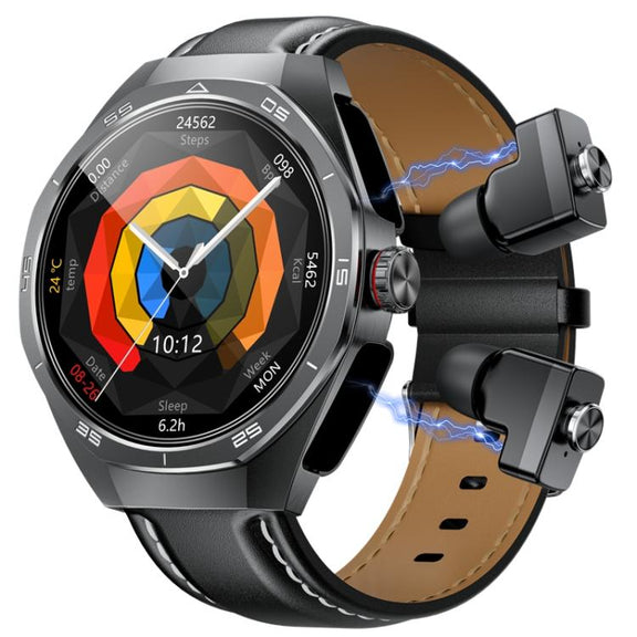 GT97 1.53 inch Round Screen 2 in 1 Bluetooth Earphone Leather Strap Smart Watch Supports Bluetooth Calls(Black)