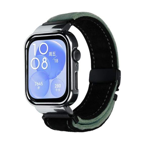 For Huawei Watch Fit3 Brushed Metal Silver Frame Watch Band(Black Army Green)