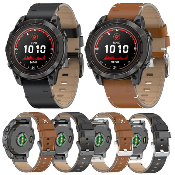 For Garmin Watch 22mm Stitched Genuine Leather Quick Release Watch Band(Black Silver)