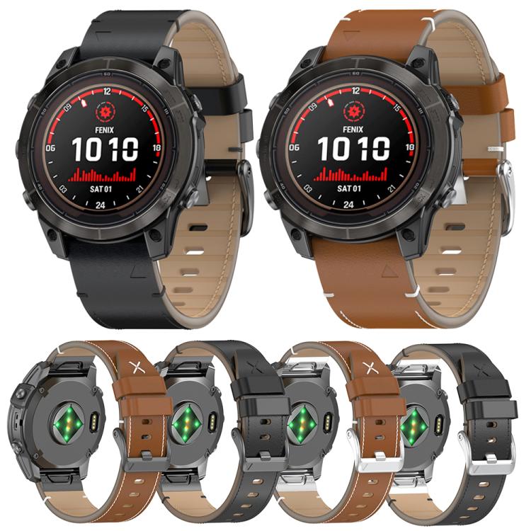 For Garmin Watch 22mm Stitched Genuine Leather Quick Release Watch Band(Black Silver)