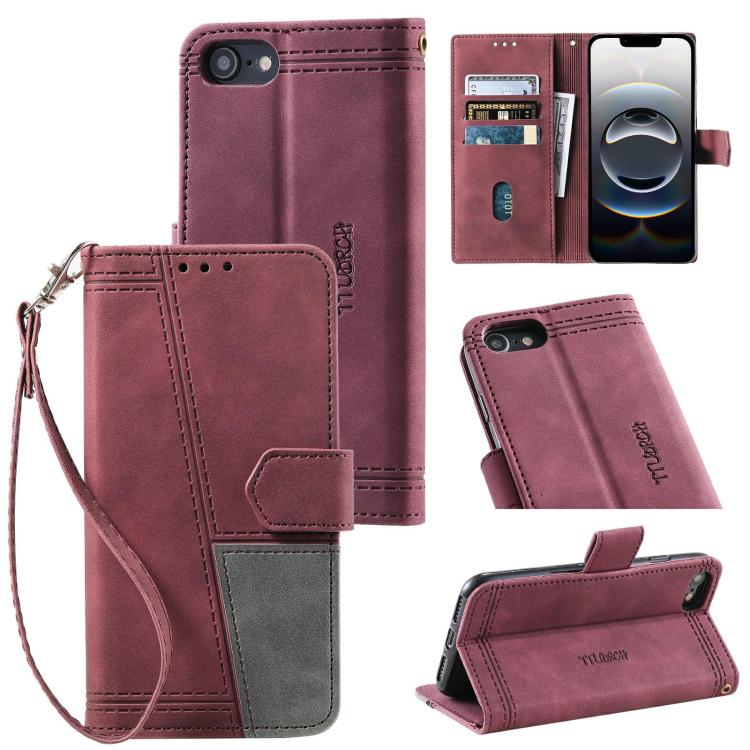For iPhone 16e TTUDRCH Embossed Line Splicing Leather Phone Case(Wine Red) - iPhone 16e Cases by PMC TechLife | Online Shopping South Africa | PMC TechLife | Buy Now Pay Later Mobicred