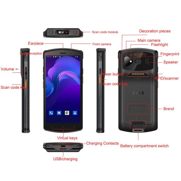 UNIWA V7S PDA Barcode Scanner Rugged Phone, 4GB+64GB, 5.7 inch Android 12 Mediatek MT6762 Octa Core, NFC, Network: 4G, Plug:EU Plug(Black)
