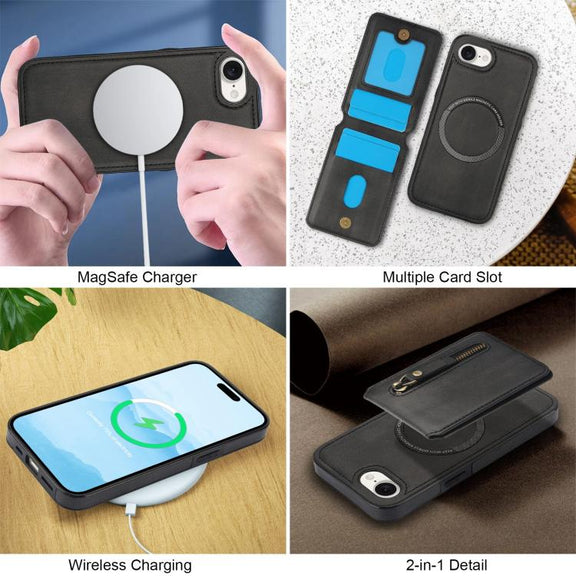 For iPhone 16e Zipper Wallet Split MagSafe Leather Back Phone Case(Black)