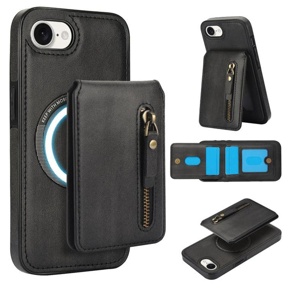 For iPhone 16e Zipper Wallet Split MagSafe Leather Back Phone Case(Black)