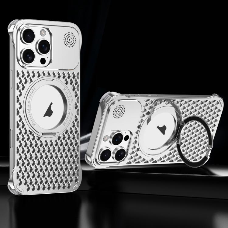 For iPhone 16 Pro R-JUST RJ-64 Aromatherapy Heat Dissipation MagSafe Phone Case with Stand(Silver) - free shipping - PMc TechLife - Order now!