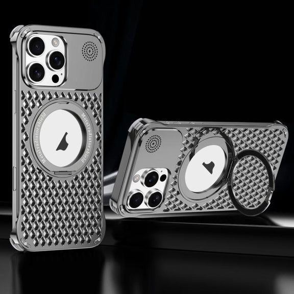 For iPhone 15 Pro Max R-JUST RJ-64 Aromatherapy Heat Dissipation MagSafe Phone Case with Stand(Grey)