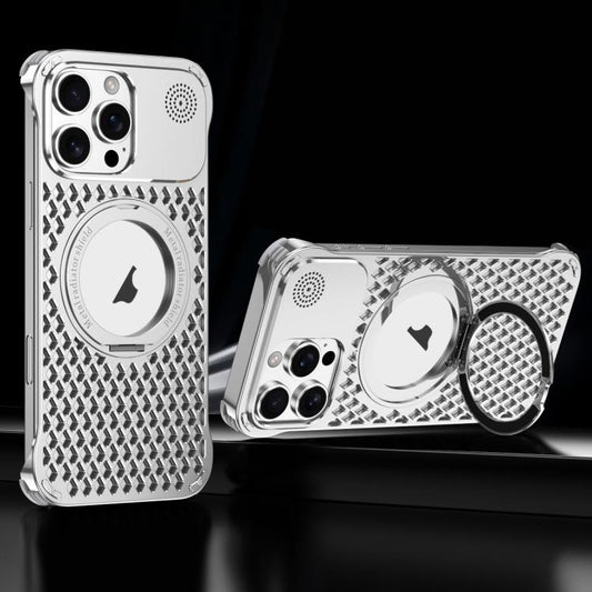 For iPhone 15 Pro R-JUST RJ-64 Aromatherapy Heat Dissipation MagSafe Phone Case with Stand(Silver) - free shipping - PMC Jewellery - Order now!