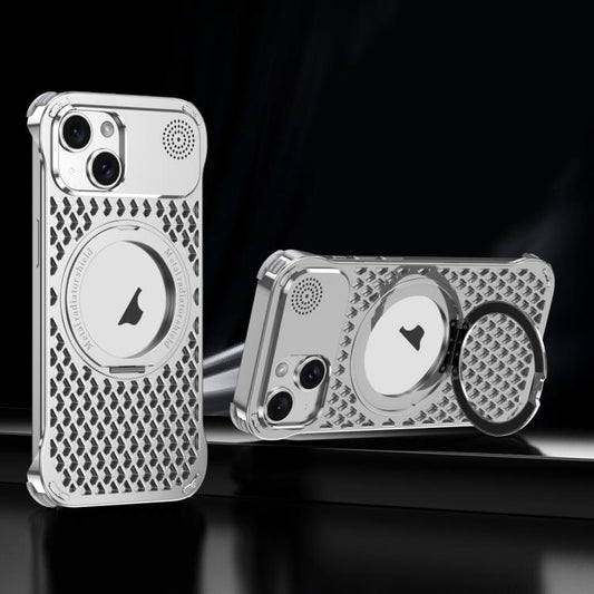 For iPhone 15 R-JUST RJ-64 Aromatherapy Heat Dissipation MagSafe Phone Case with Stand(Silver) - free shipping - PMC Jewellery - Order now!