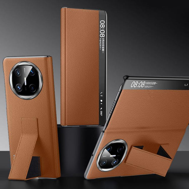 For Huawei Mate X6 SULADA Smart Series Wristband Holder Smart View Window Genuine Leather Phone Case(Brown)