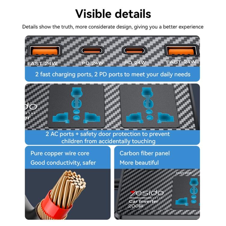 Yesido VC07 200W AC220V Multifunctional Car Inverter(Black) - free shipping - PMC TechLife - Order now!