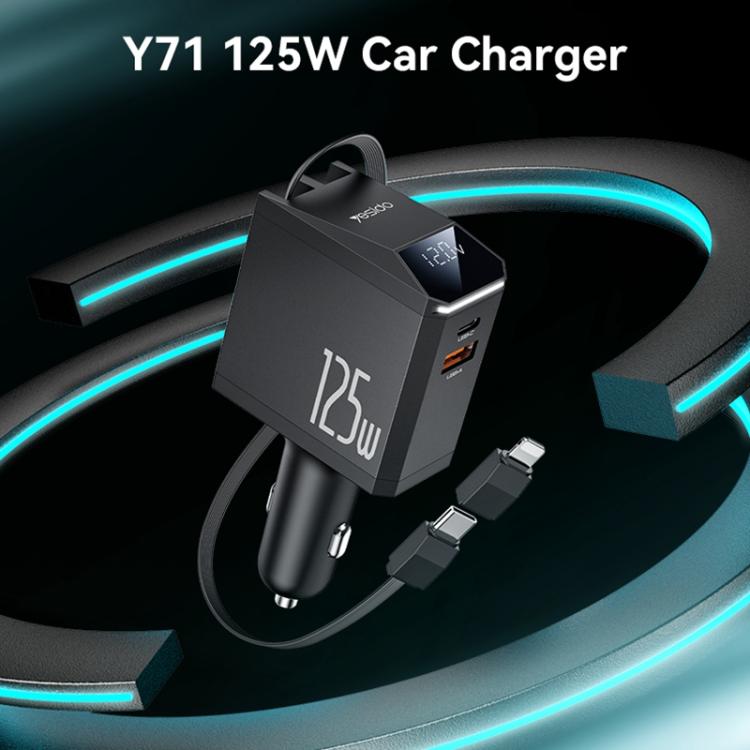 Yesido Y71 125W Type-C + 8 Pin Retractable Cable 3 in 1 Car Charger(Black) - free shipping - PMC TechLife - Order now!