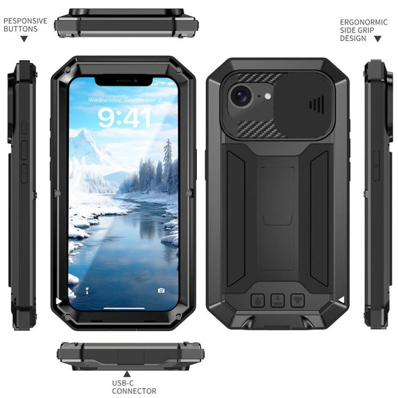For iPhone 16e Sliding Camera IP68 Water-resistant Holder Phone Case(Black)