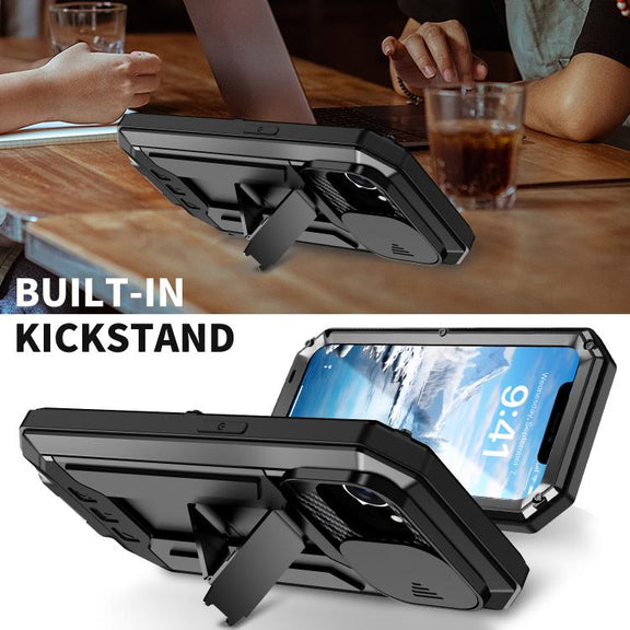 For iPhone 16e Sliding Camera IP68 Water-resistant Holder Phone Case(Black)